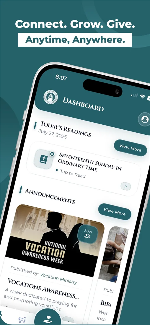 Parish Connect app home screen with parish information and navigation