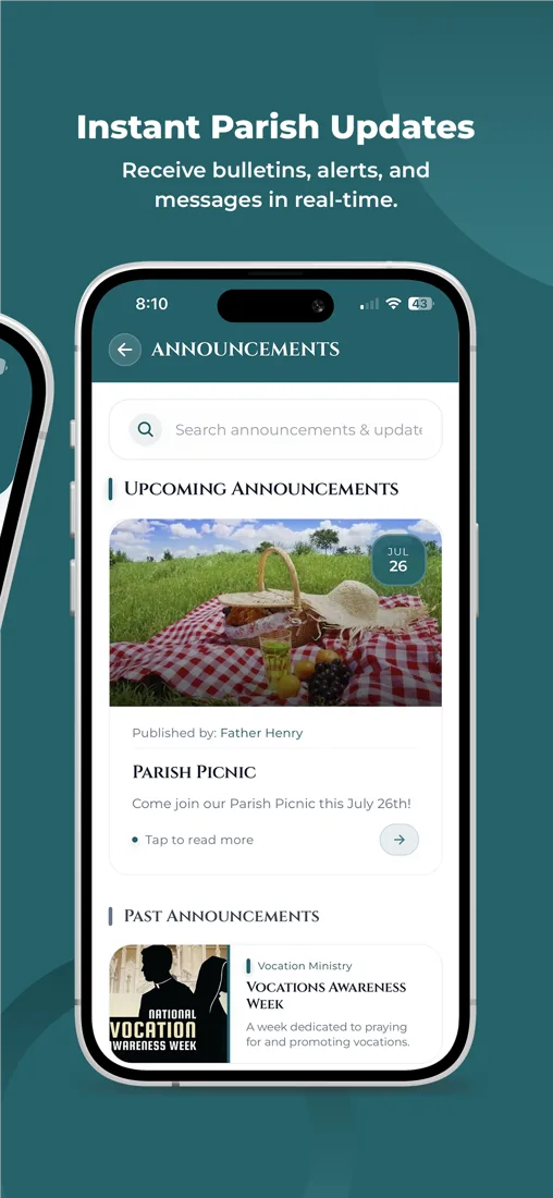 Parish announcements displayed in the mobile app